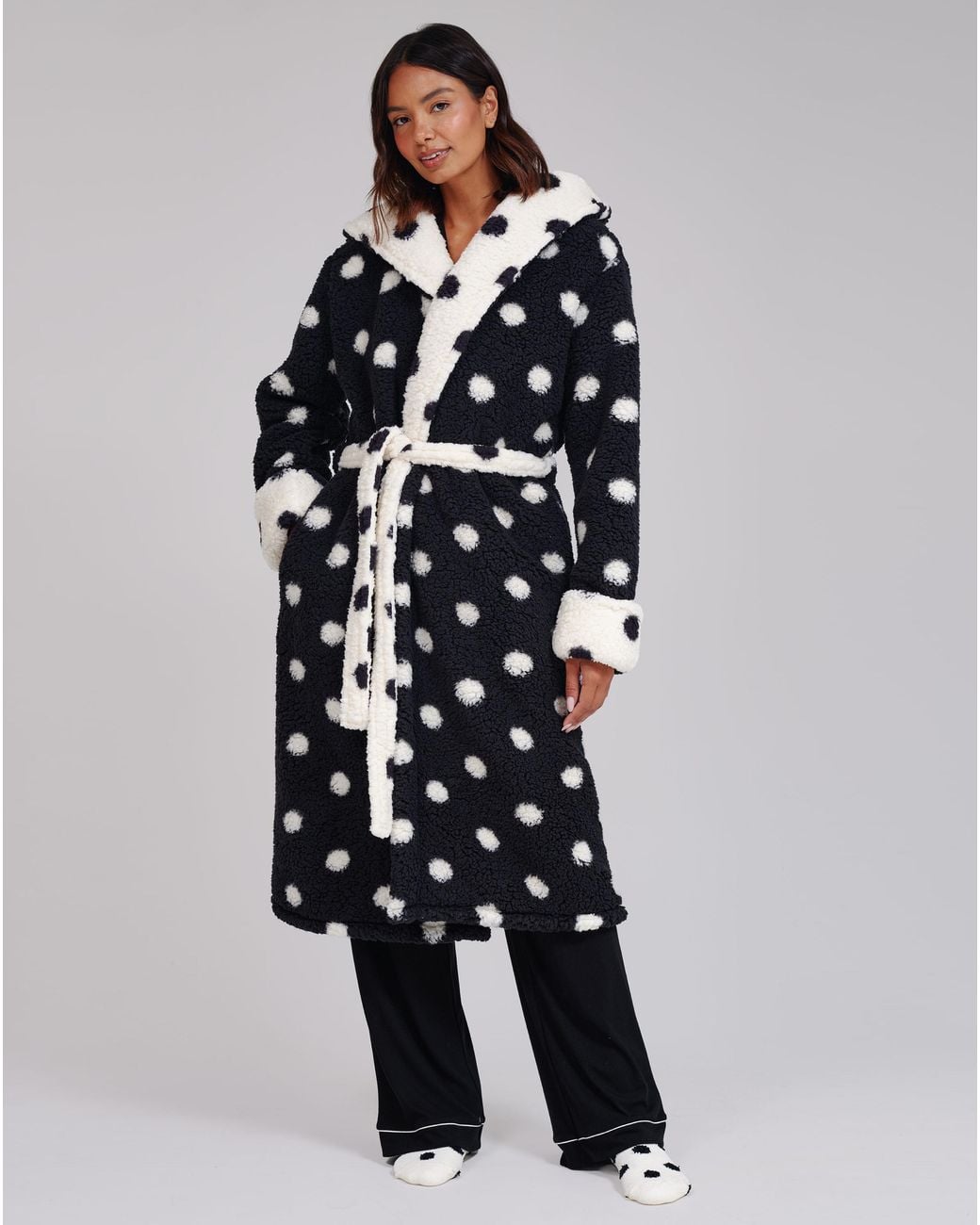 Loungeable Blue Polka Borg Midi Dressing Gown