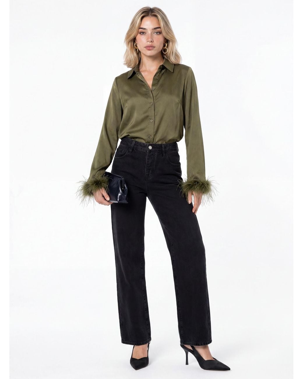 Lovedrobe Green Feather Cuff Satin Shirt