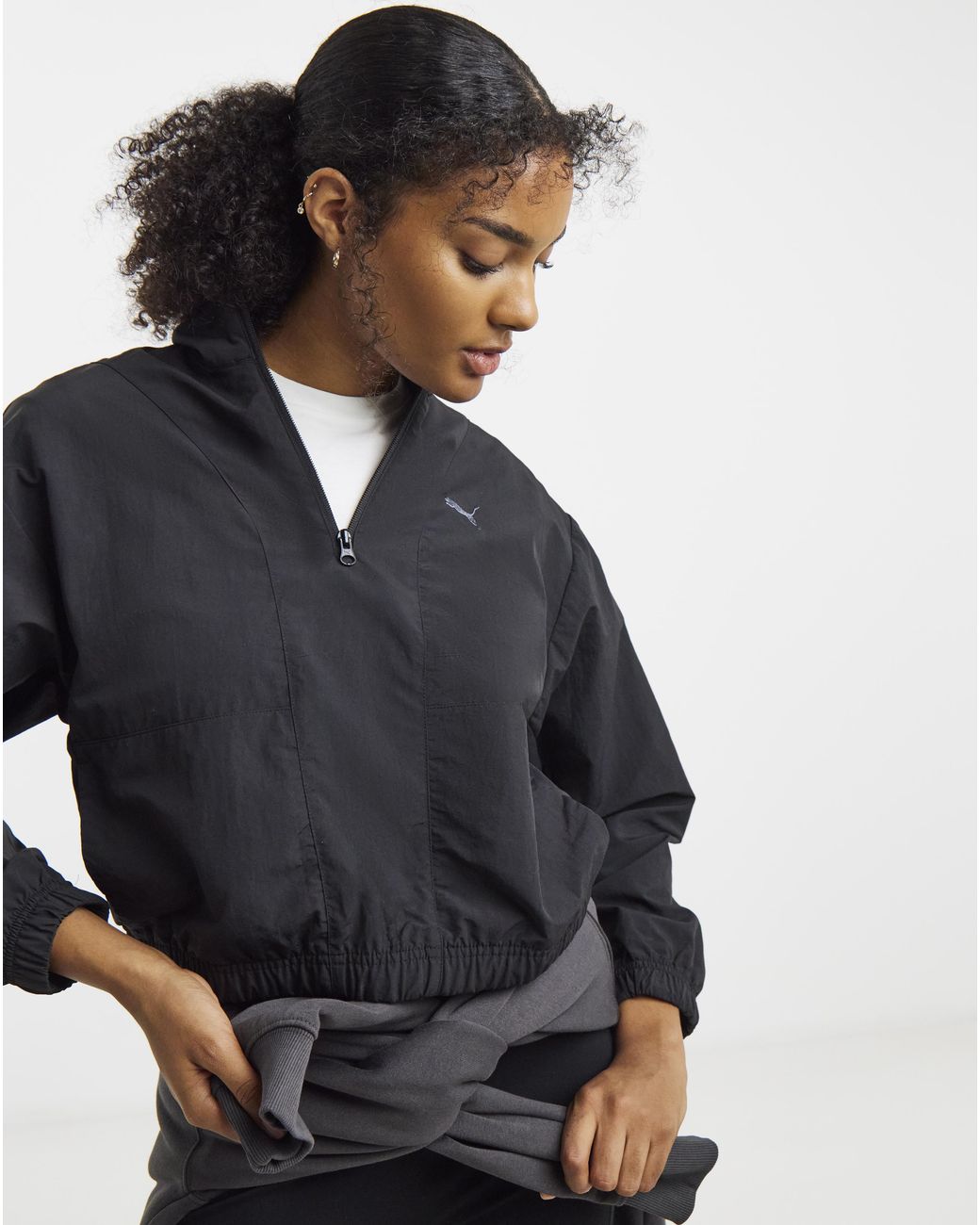 PUMA Black Her Relaxed Woven 1/2 Zip Crew