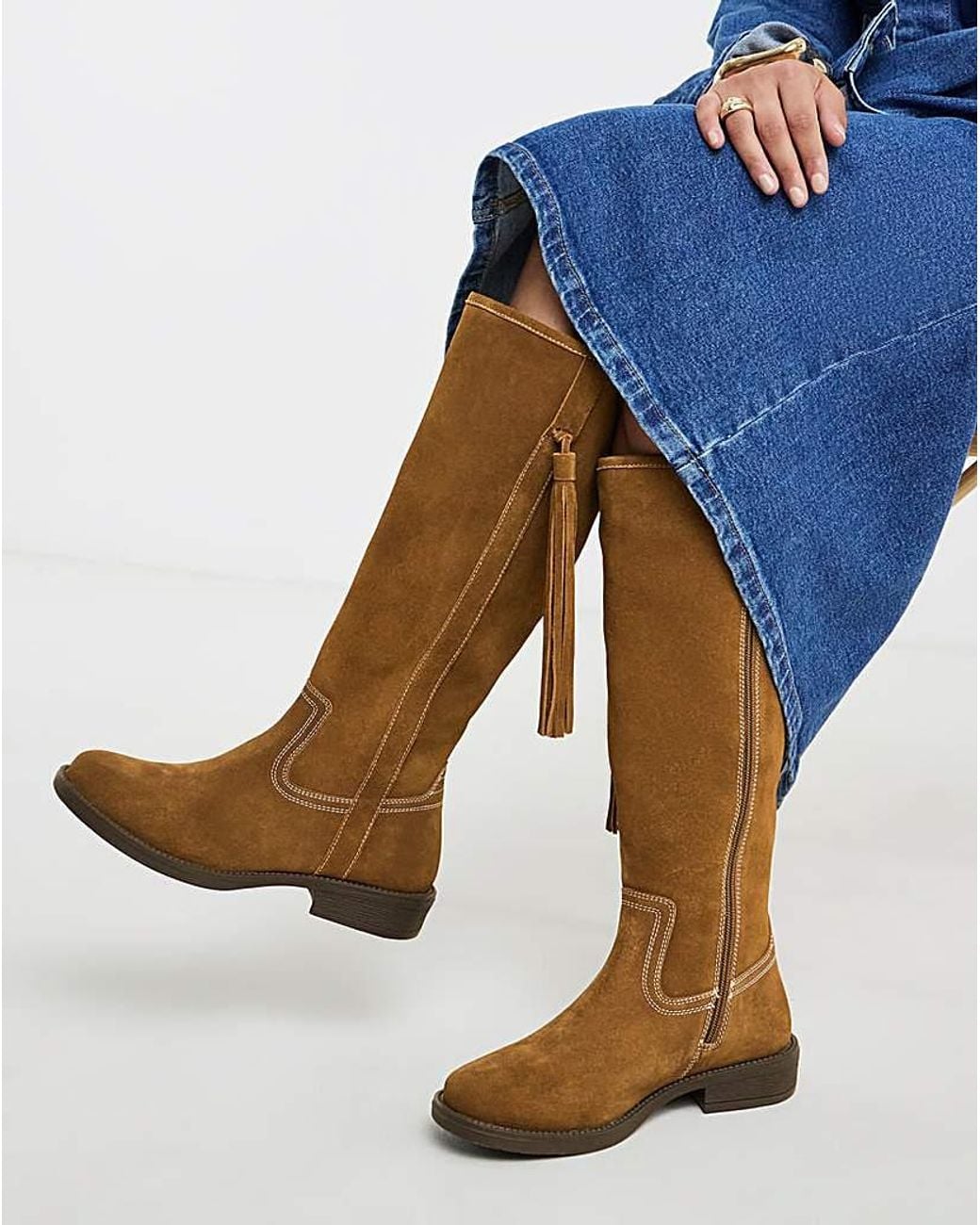 Simply Be Blue Suede Tassle Knee High Boot Wide C