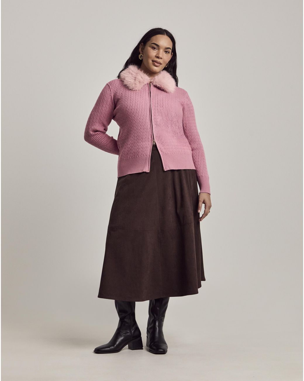 Julipa Pink Cable Fur Collar Cardigan