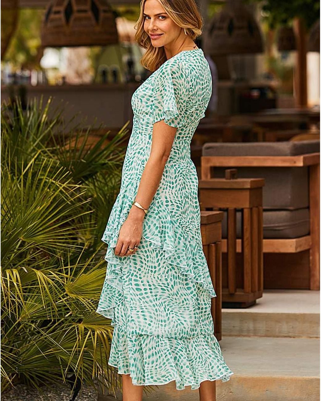 Sosandar Green Chiffon Ruffle Midi Dress