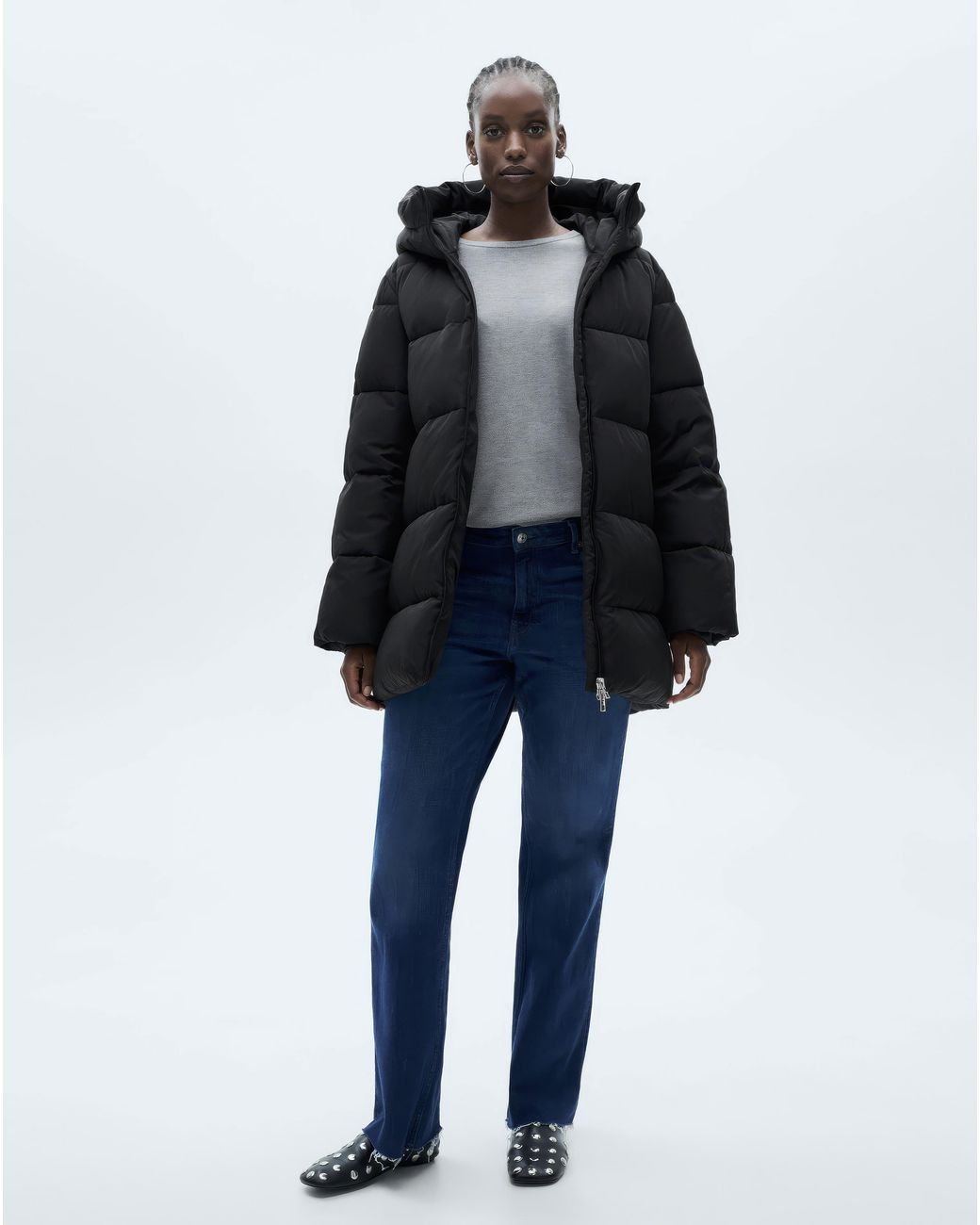 Mango Blue Quilted Anorak Puffer With Hood