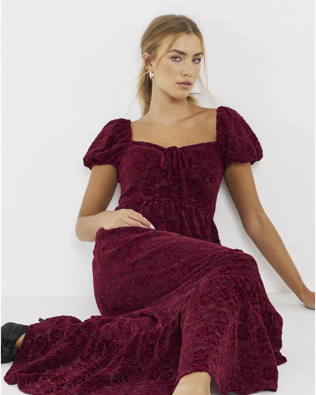 Lovedrobe Red Puff Sleeve Devore Midaxi
