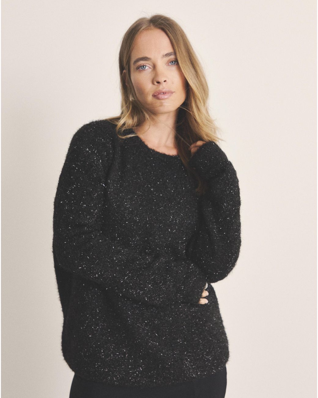 Simply Be Black Tinsel Knit Bow Back Jumper