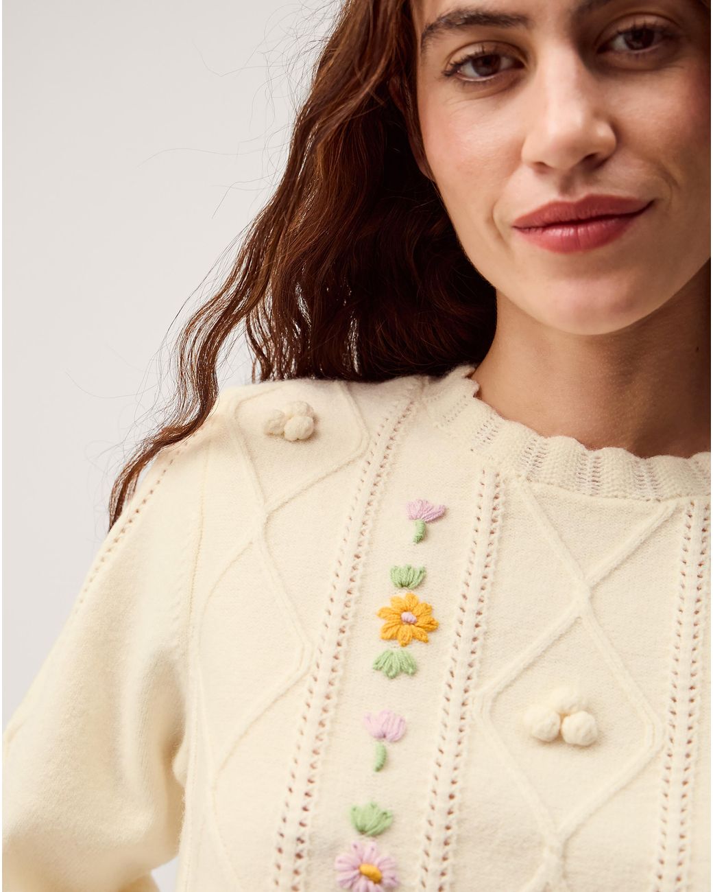 Monsoon Blue Elsie Floral Cable Knit Jumper