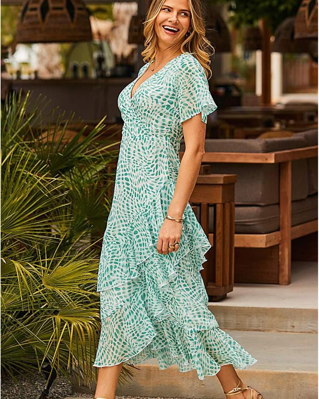 Sosandar Green Chiffon Ruffle Midi Dress