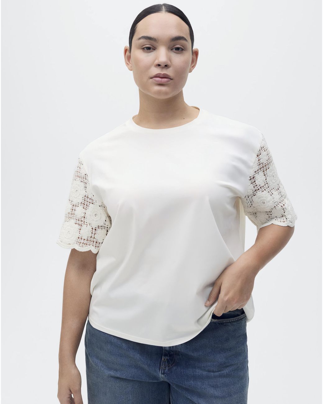 Mango White Crochet Sleeve Cotton T-Shirt