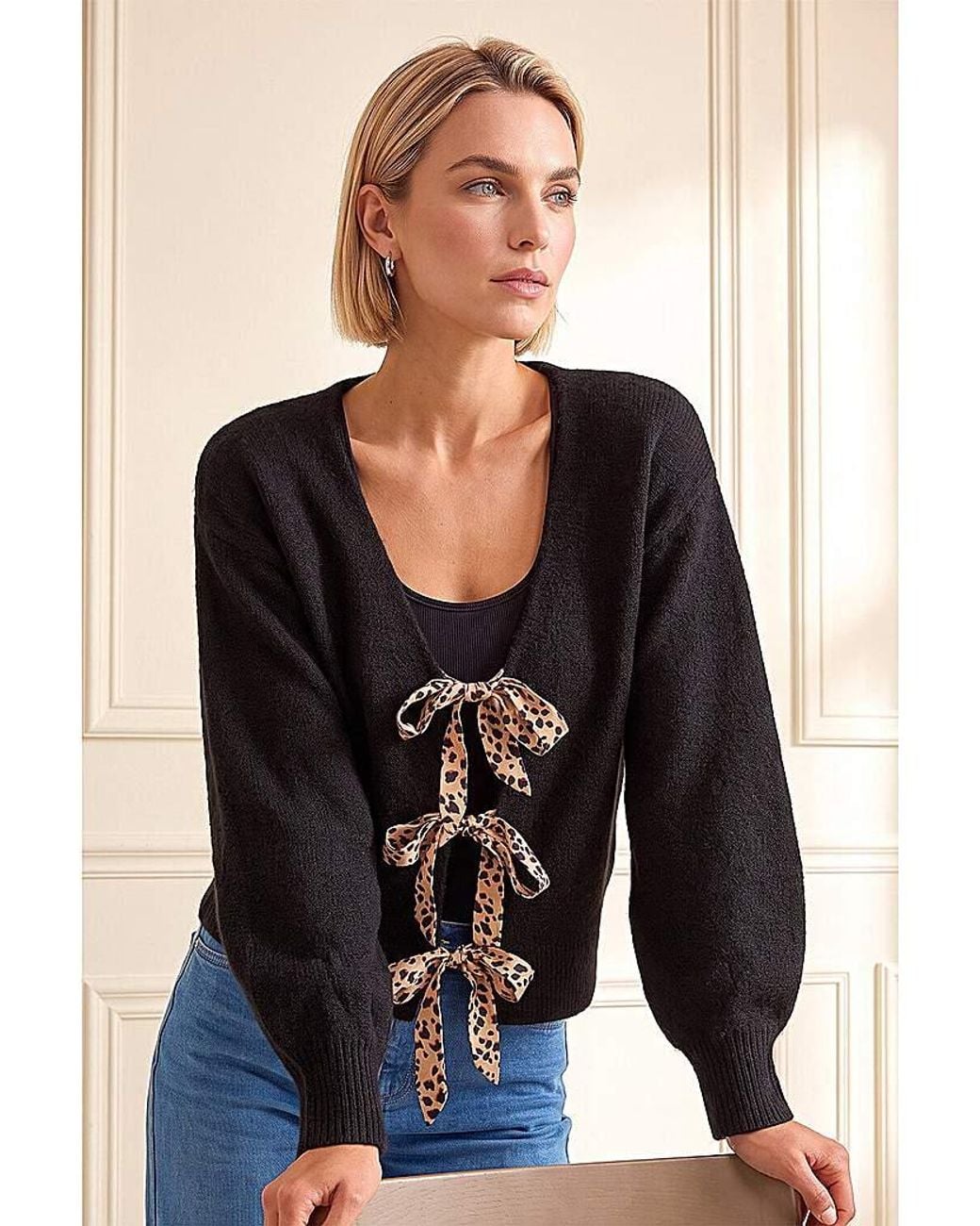 Roman Black Roman Animal Tie Front Knit Cardigan