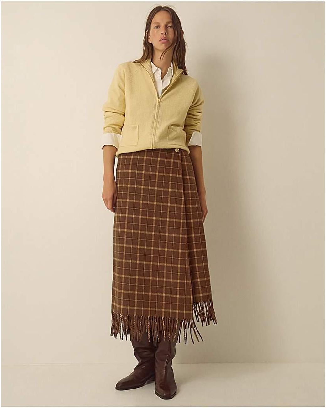 Monsoon Natural Celeste Check Fringe Midi Skirt
