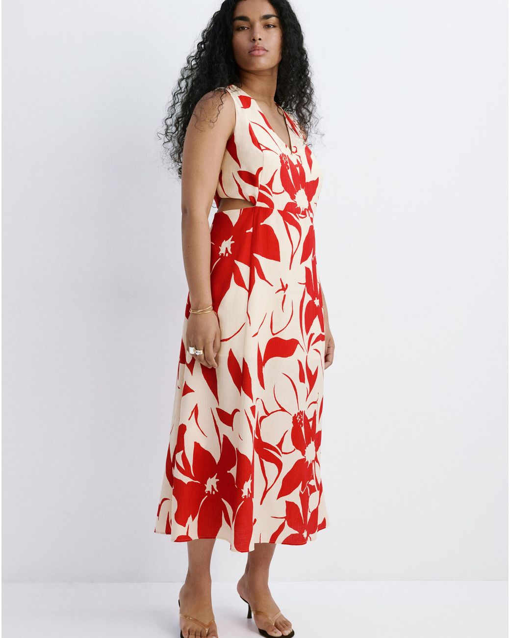Mango Red Floral Print Cut-Out Dress