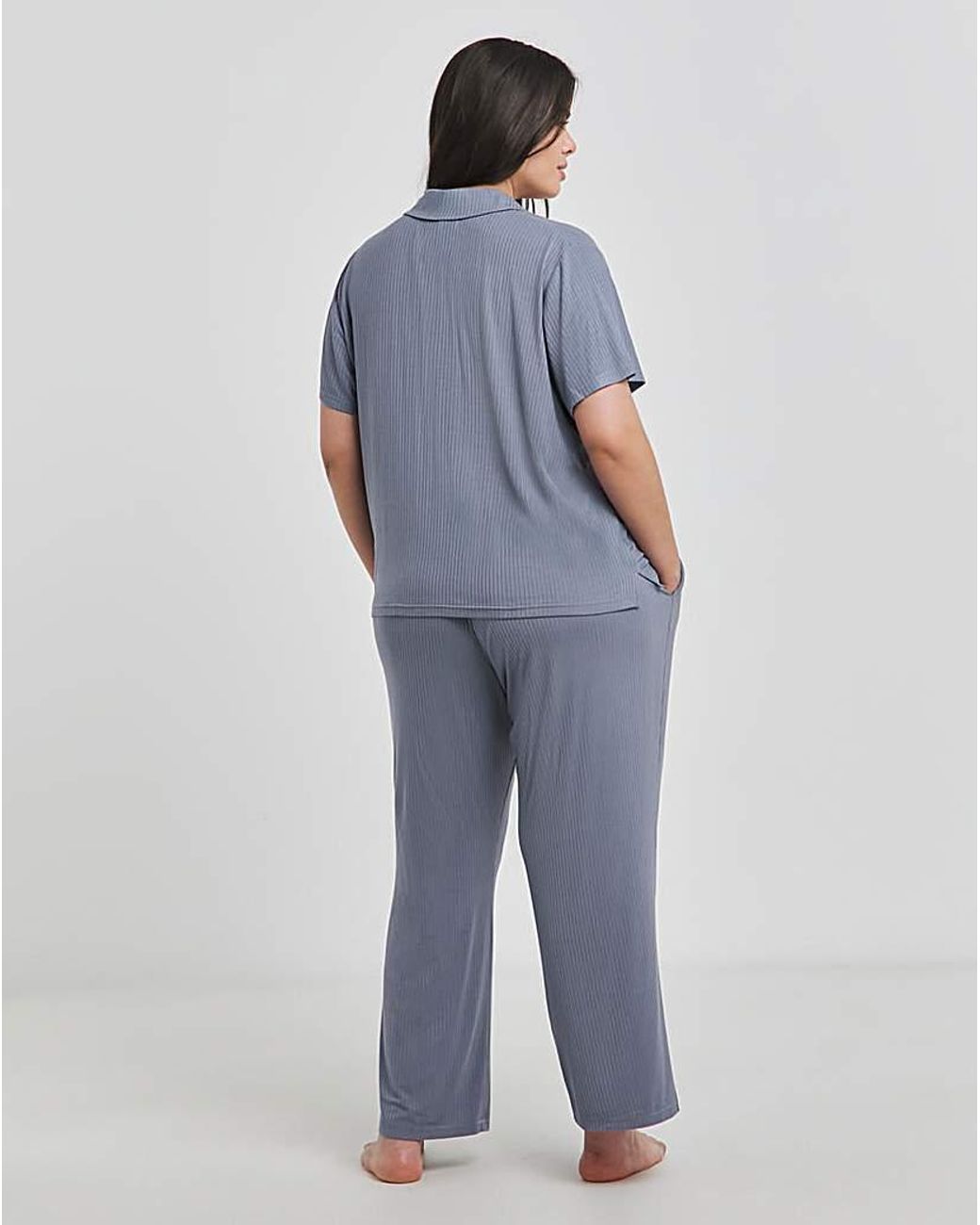 Simply Be Blue Brushed Modal Rib Button Through Pj Set
