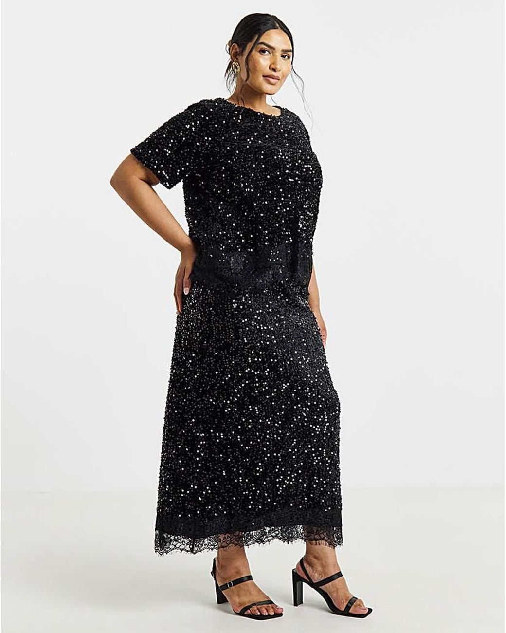 Vila Black Sequin Lace High Waisted Midi Skirt