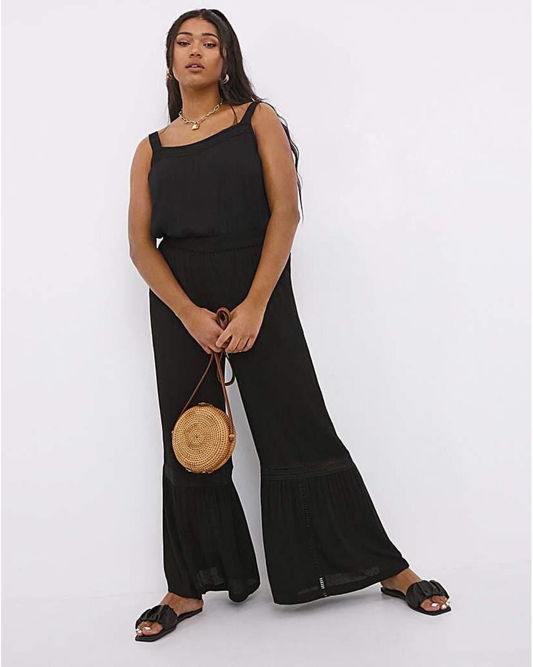 Simply Be Black Crinkle Trouser With Broderie Trim