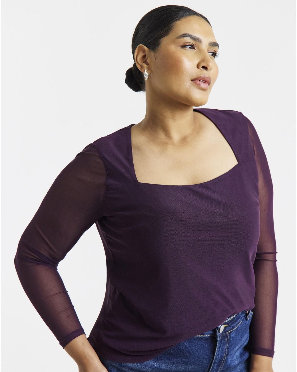 Simply Be Blue Mesh Square Neck Ls Top