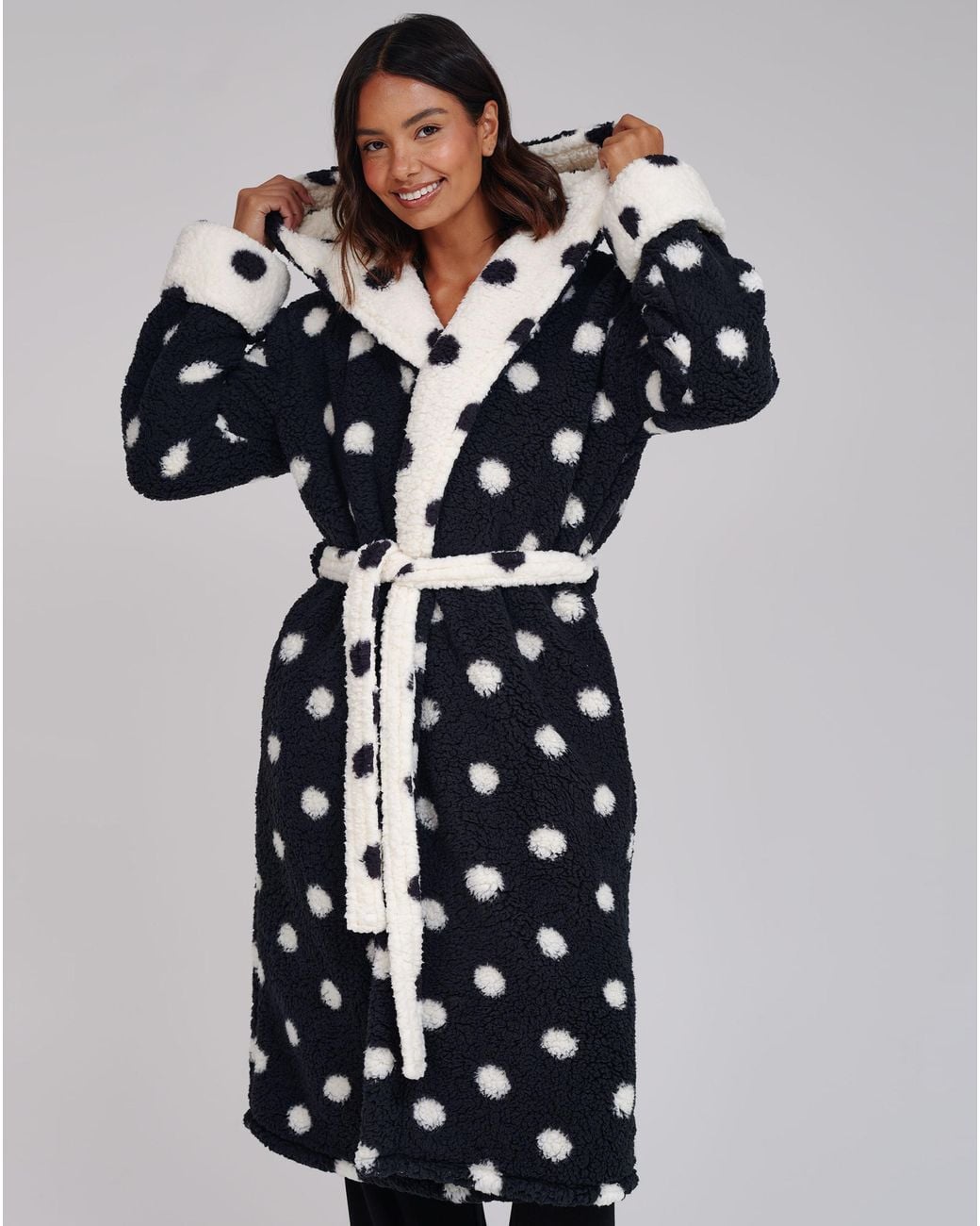 Loungeable Blue Polka Borg Midi Dressing Gown