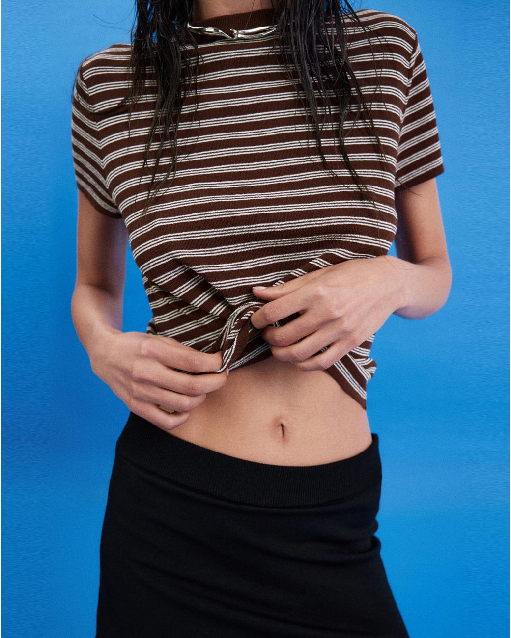 Mango Blue Short-Sleeved Ribbed Sweater
