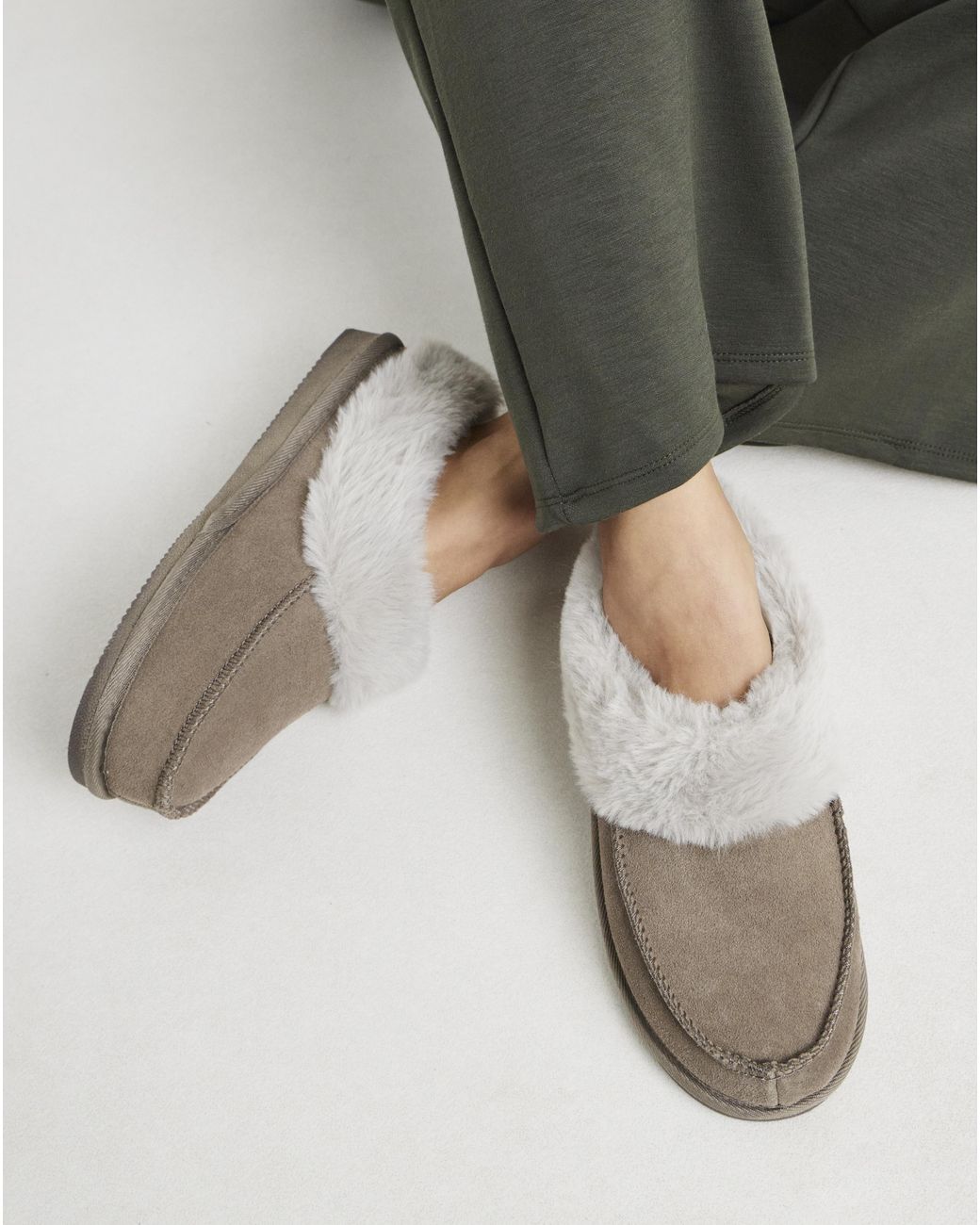 JD Williams Gray Full Suede Fur Trim Slipper Wide