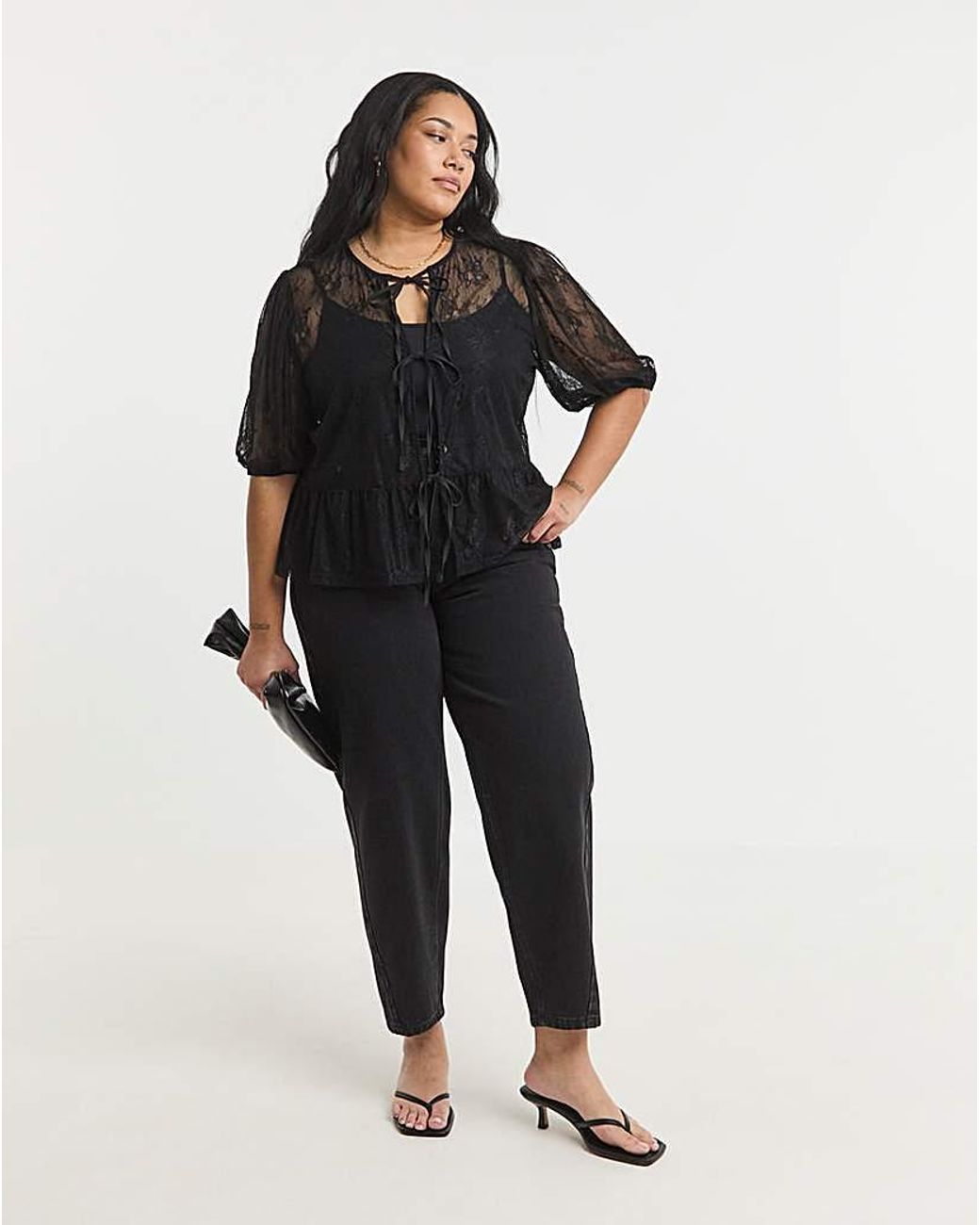 Simply Be Black Lace Tie Front Top