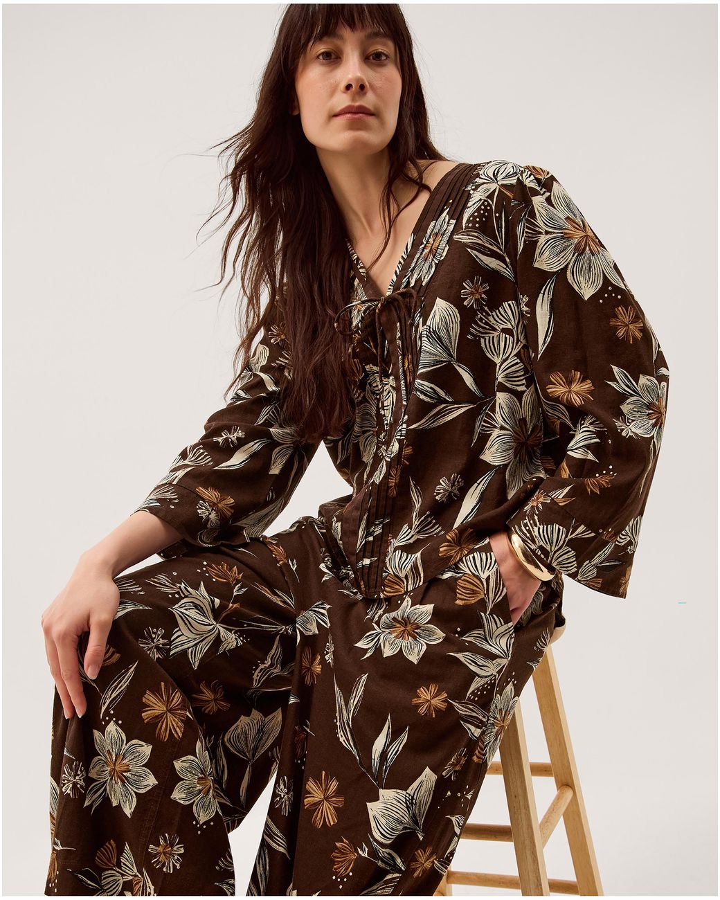 Monsoon Brown Esther Floral Linen Blend Top