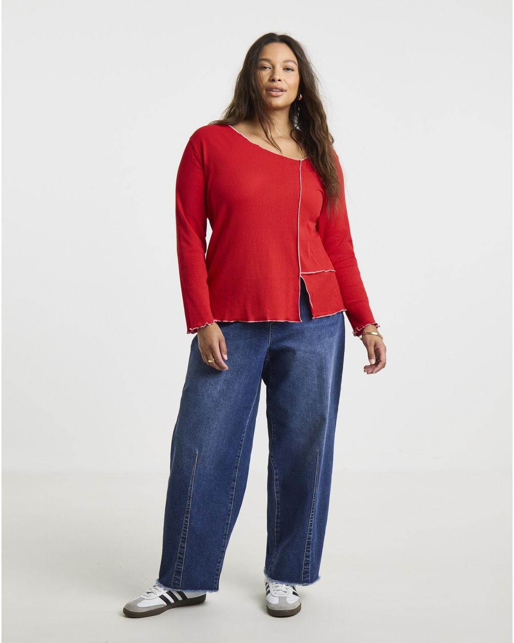 Simply Be Red Lettuce Edge Ls Top