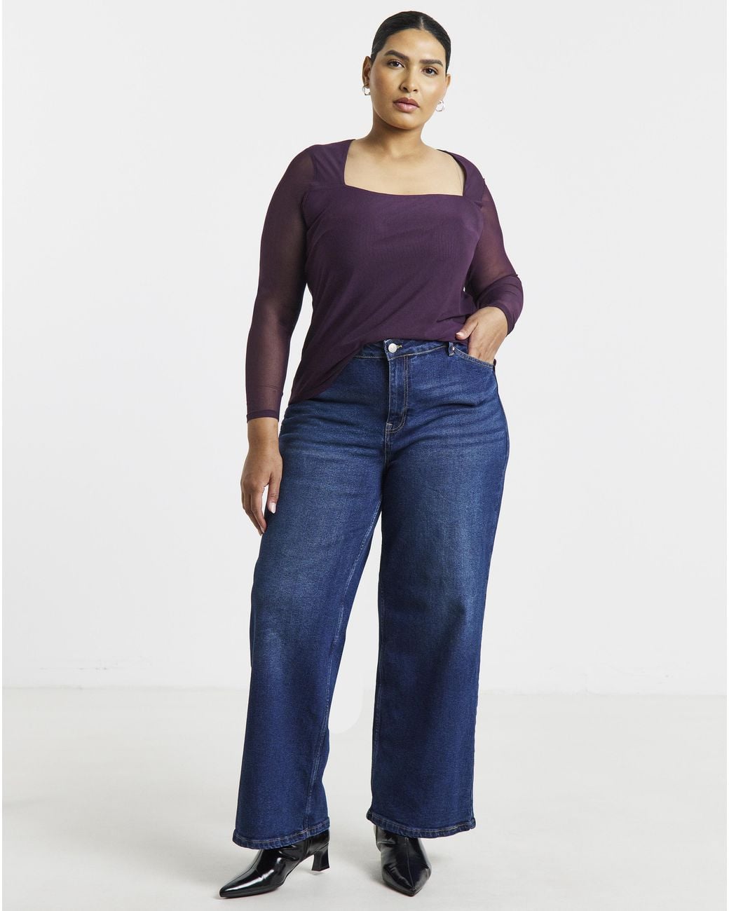 Simply Be Blue Mesh Square Neck Ls Top