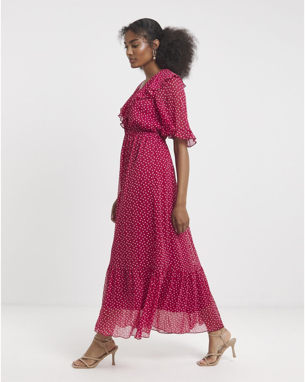 Flounce London Red Spot Frill Maxi Dress