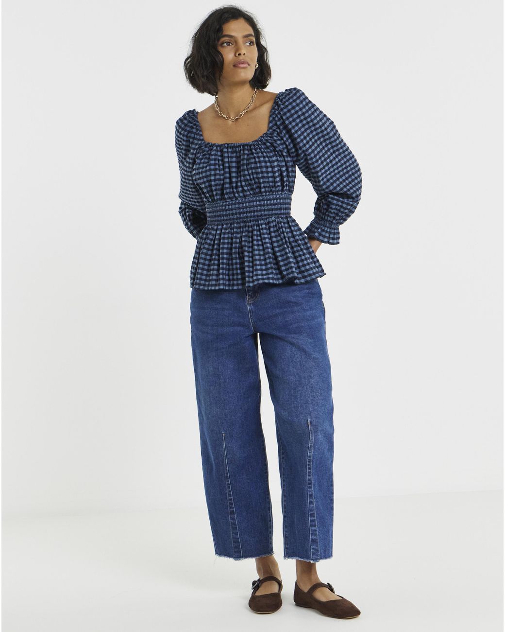 Simply Be Blue Gingham Shirred Waist Blouse