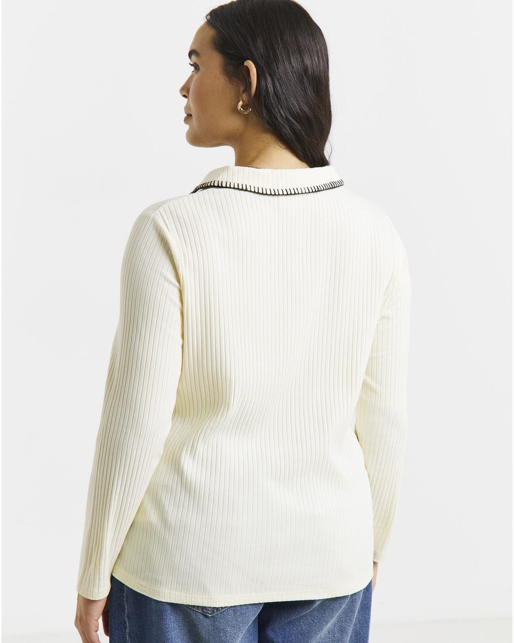 Simply Be White Rib Blanket Stitch Polo