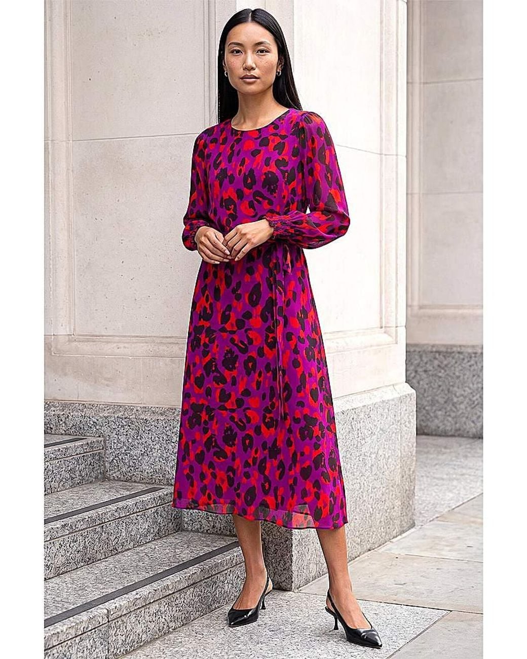 Roman Pink Roman Animal Print Shirred Midi Dress