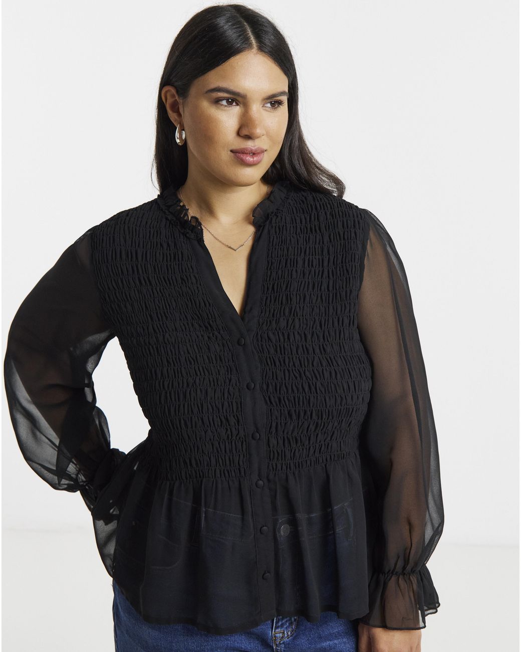 Simply Be Black Shirred Georgette V-Neck Blouse