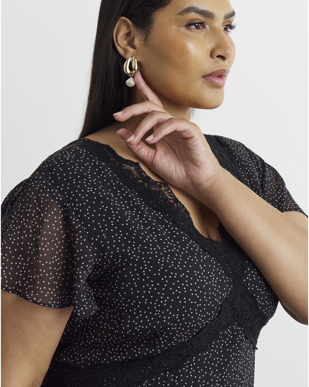 Joanna Hope Black Lace Trim Ruffle Midi Dress
