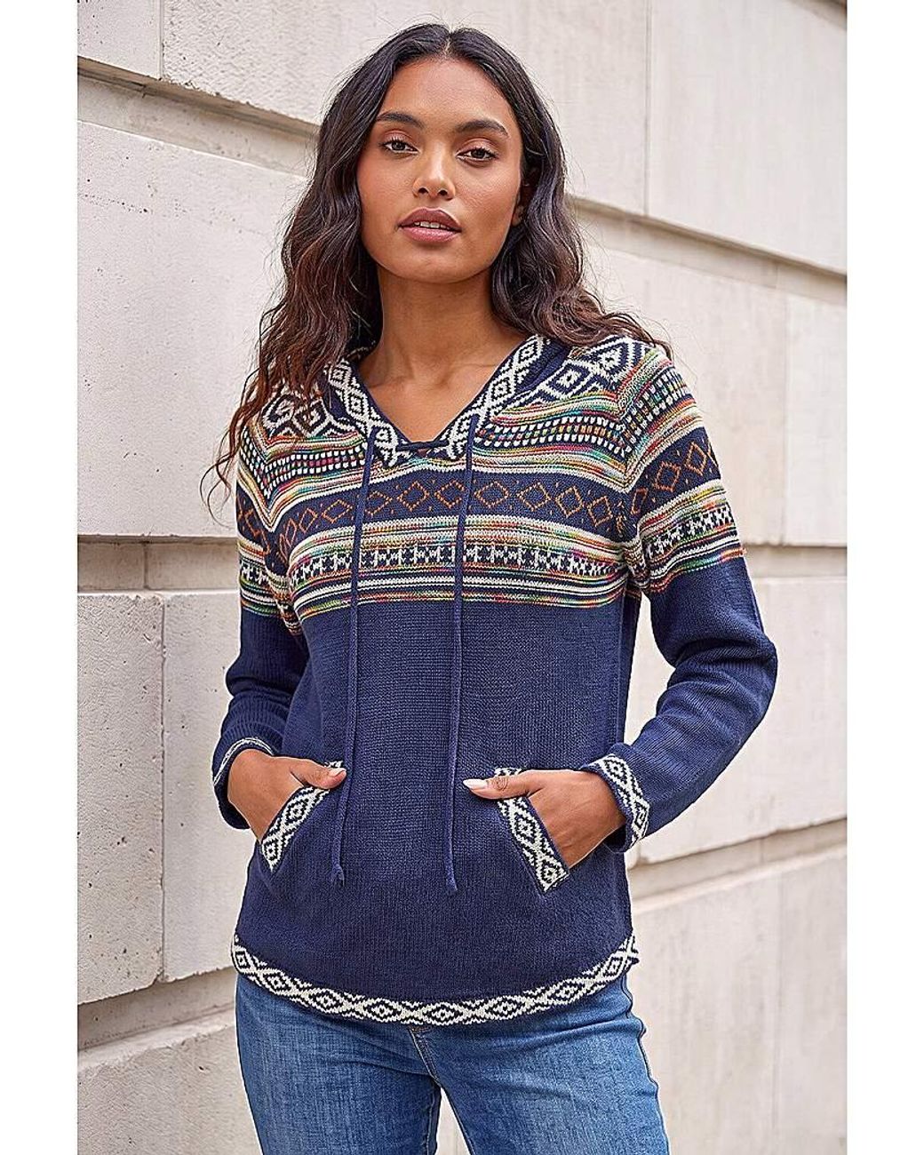 Roman Blue Roman Nordic Print Hooded V-Neck Jumper