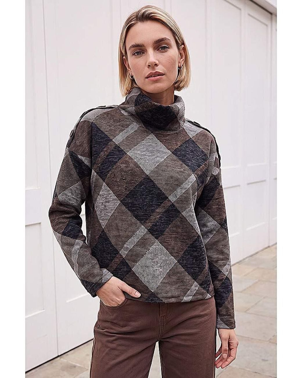 Roman Gray Roman Check Print Cowl Neck Top