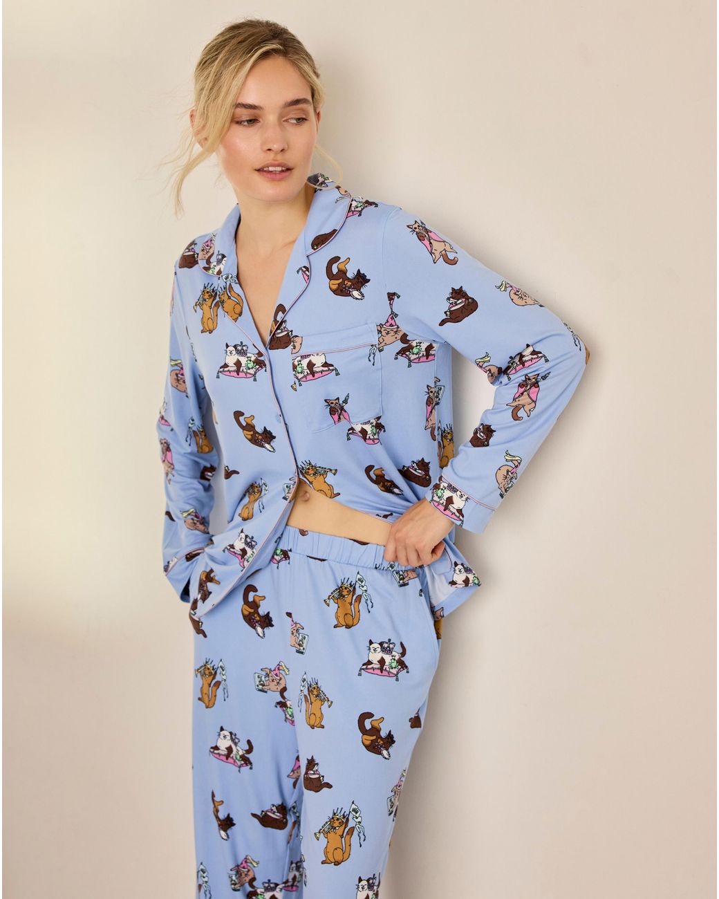 Chelsea Peers Blue Classic Long Button Up Set