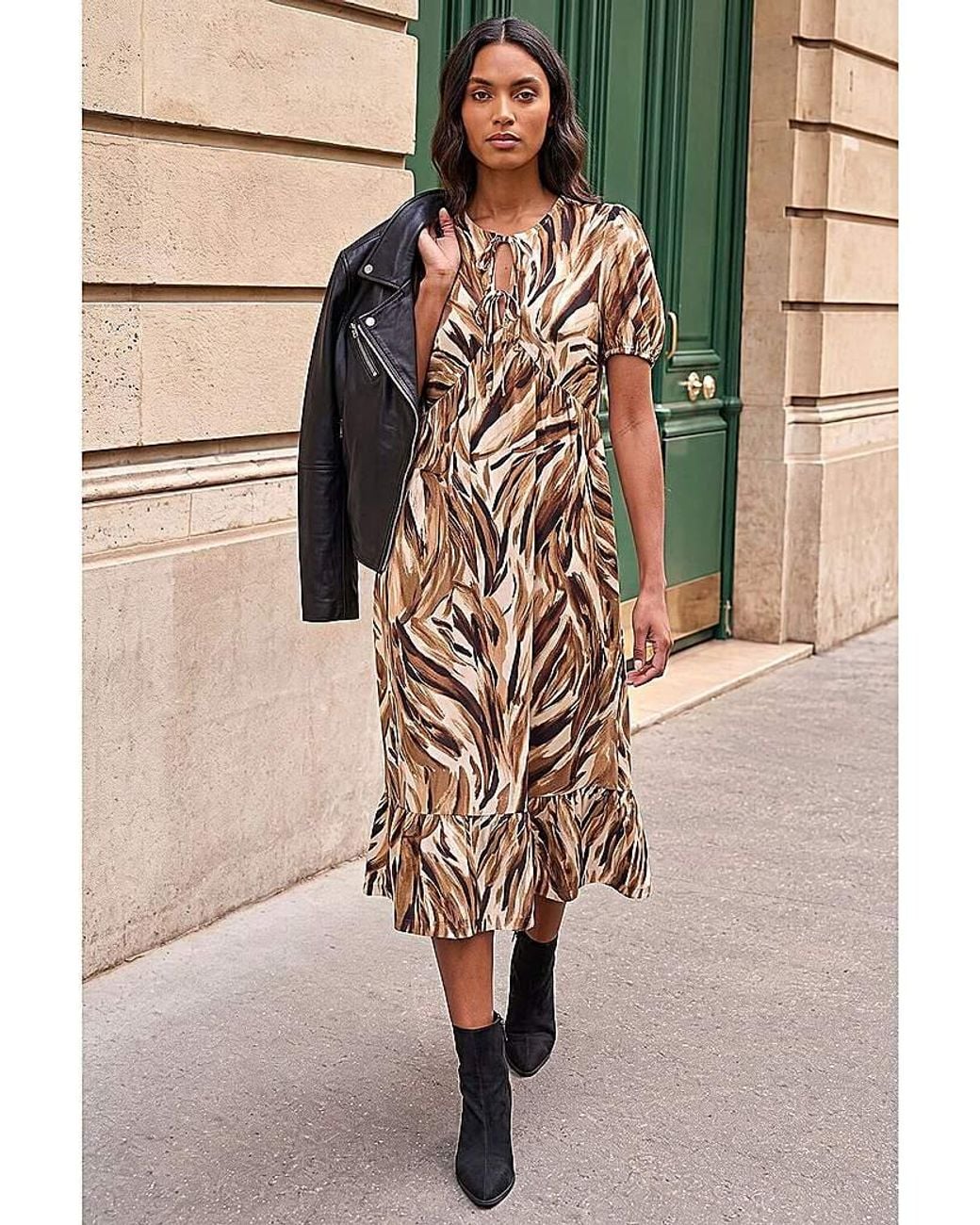 Roman Brown Roman Abstract Print Tie Smock Dress