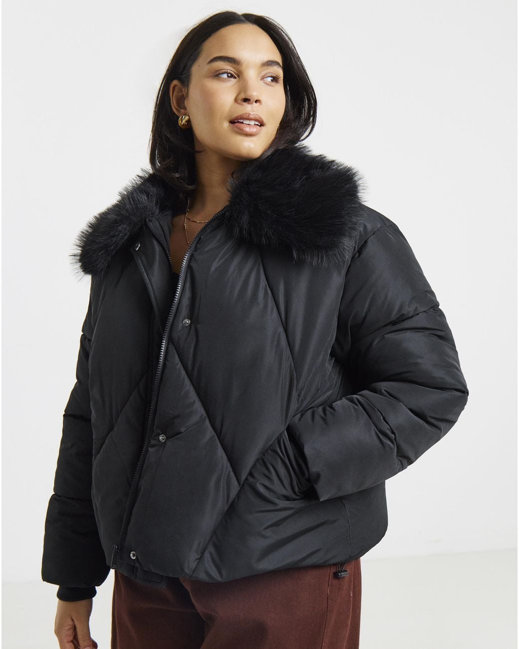 Simply Be Black Faux Fur Collar Short Padded Coat