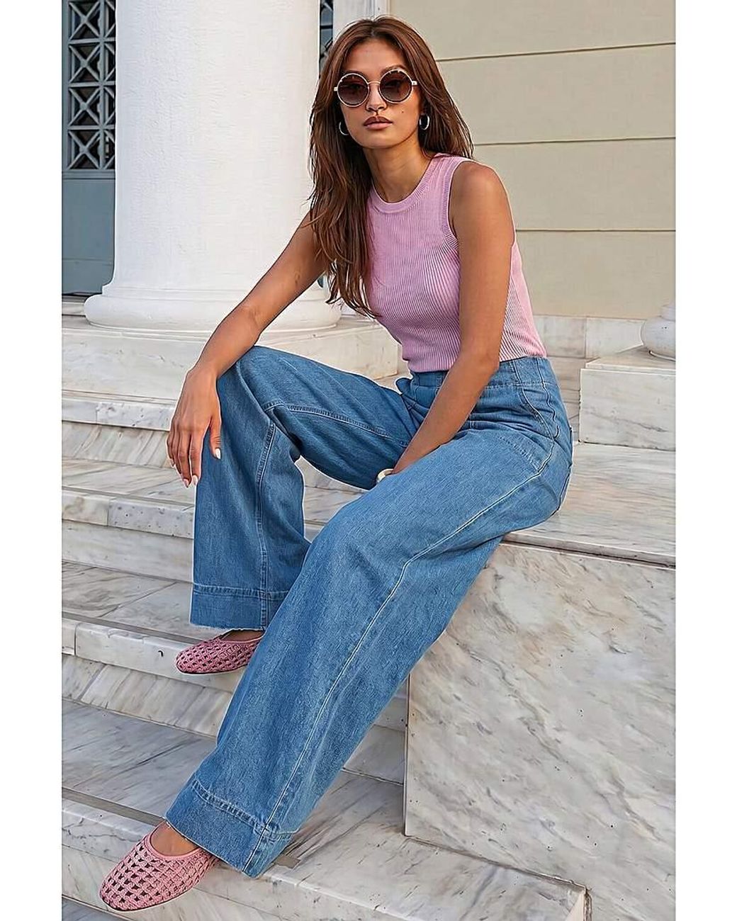 Roman Blue Roman Cotton Stretch Wide Leg Jean