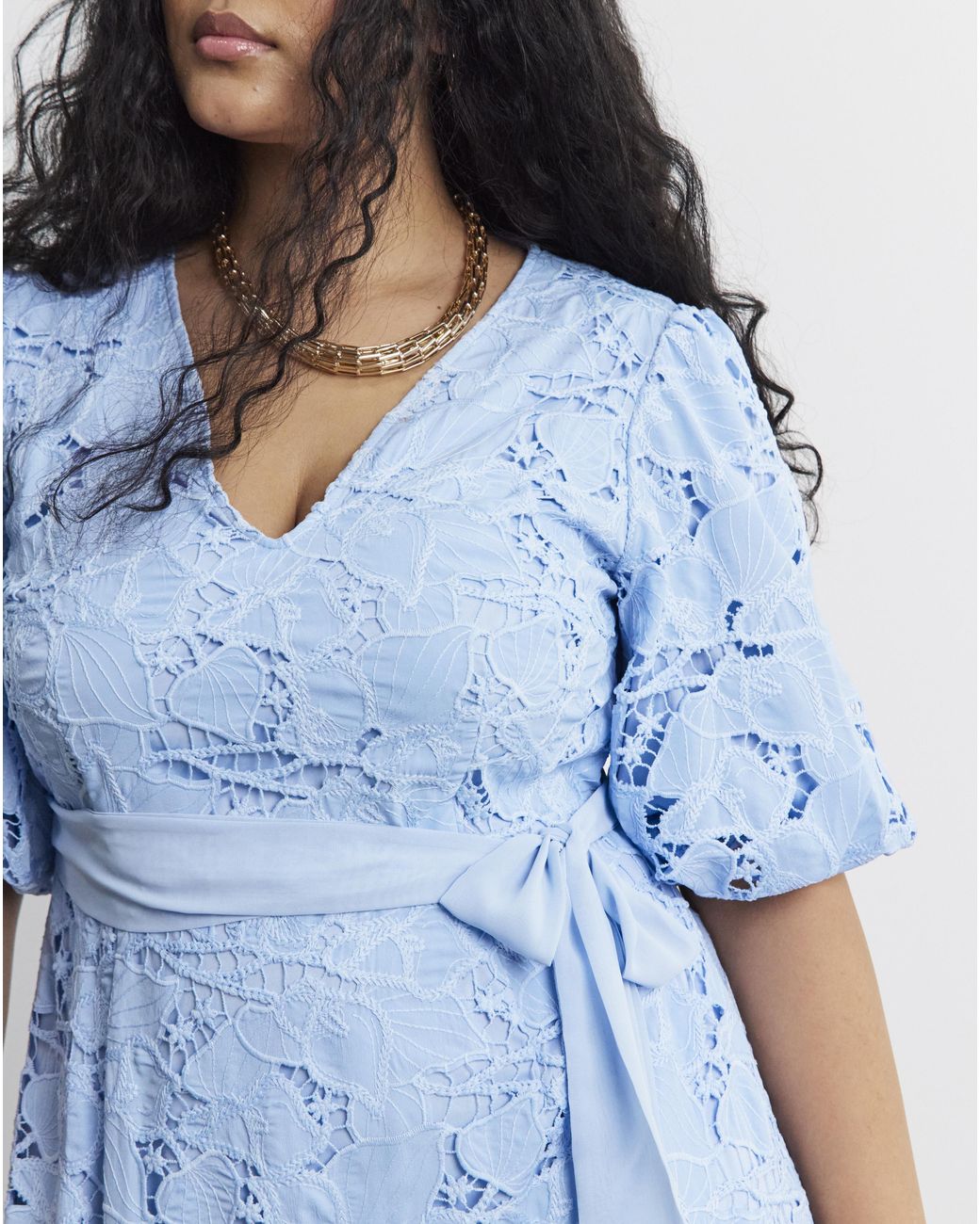 Joanna Hope Blue Blouson Sleeve Lace Dress