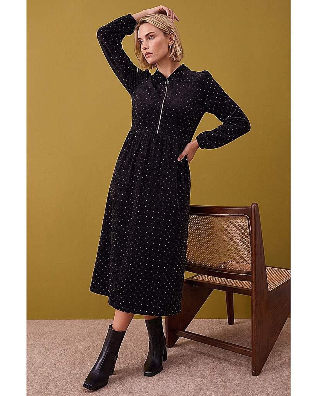 Roman Blue Roman Spot Zip Corduroy Midi Dress