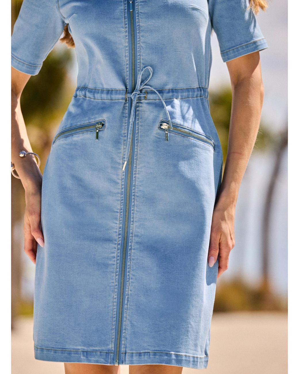 Sosandar Blue Zip Front A Line Denim Dress