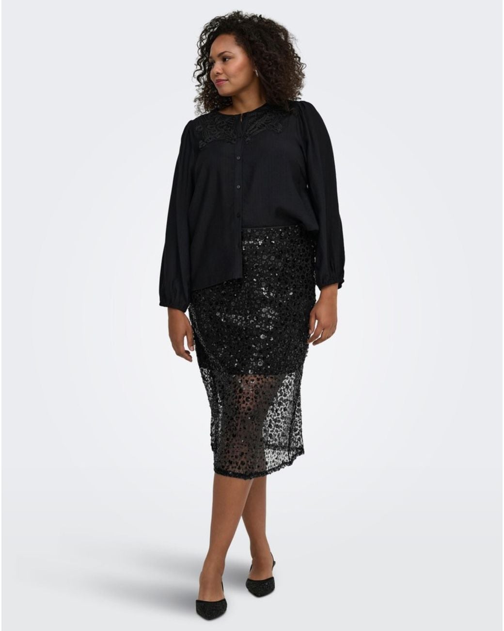 ONLY Black Sequin Midi Skirt