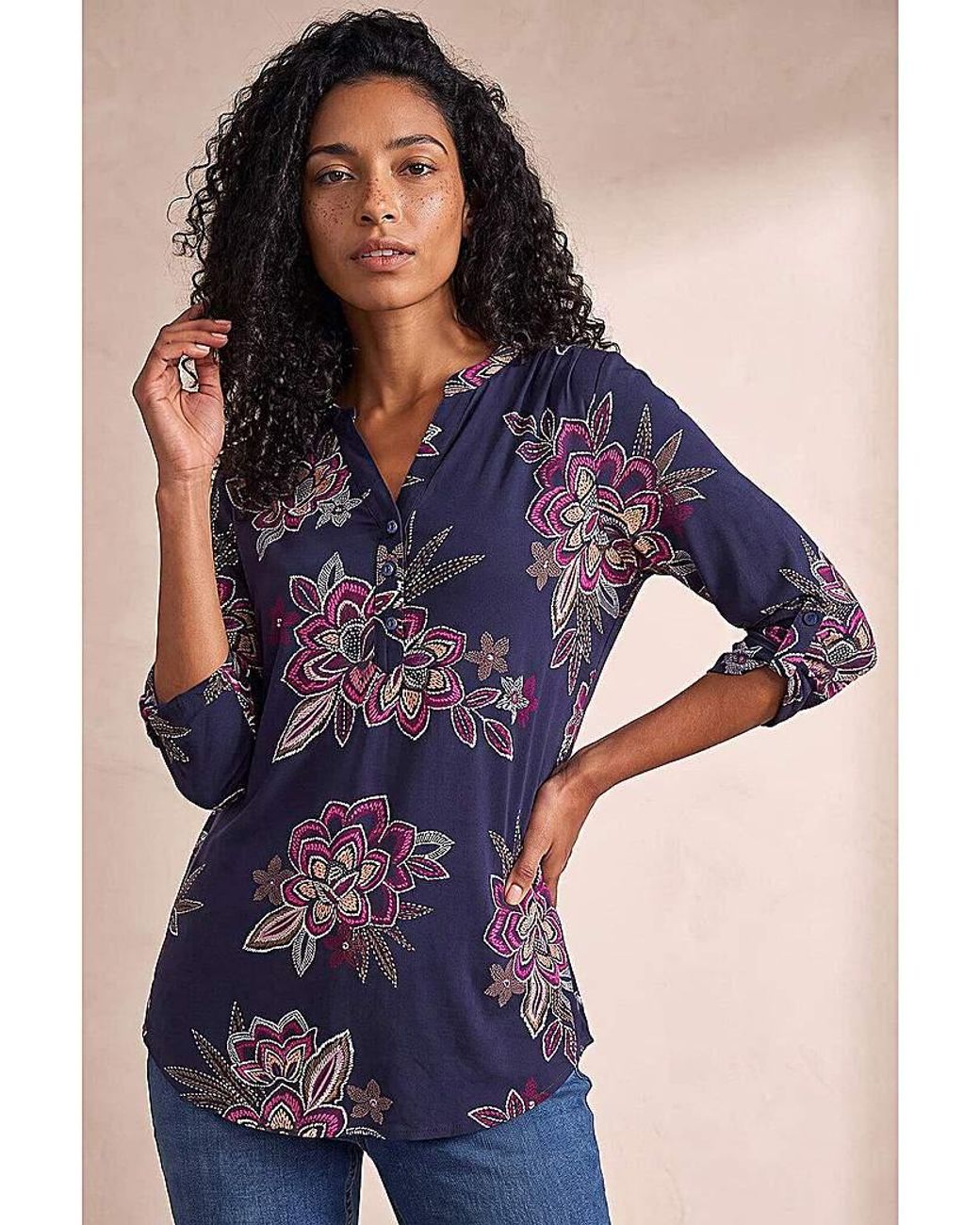 Roman Blue Roman Floral Puff Print Stretch Shirt
