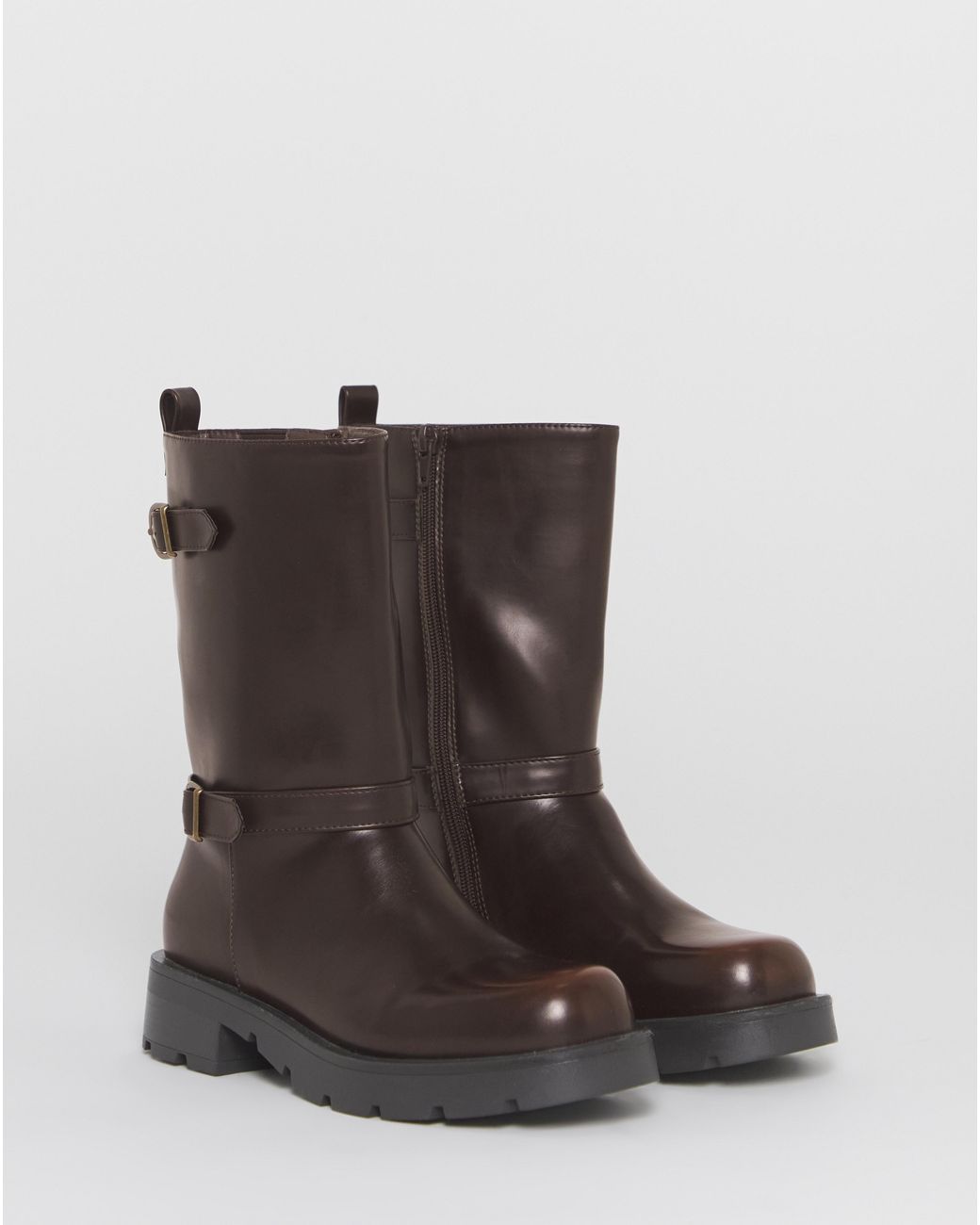 Simply Be Brown Strap Biker Boots Extra Wide