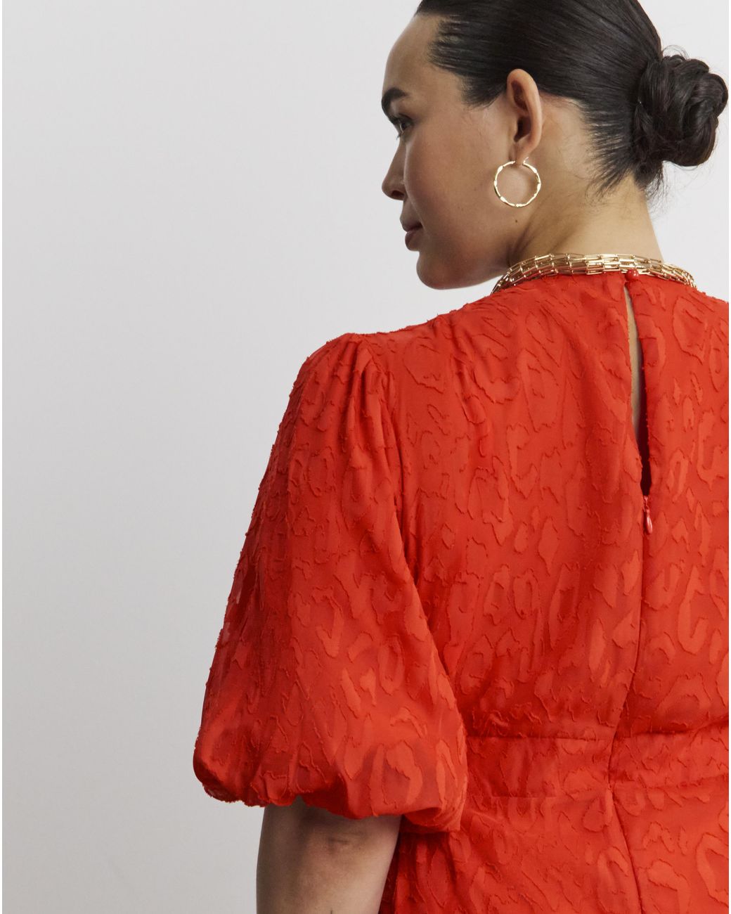 Joanna Hope Red Burnout Bubble Sleeve Dress