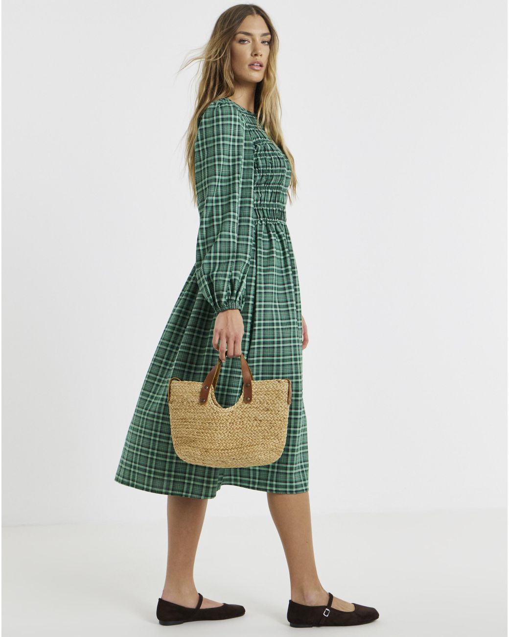 Simply Be Green Shirred Check Midi Dress
