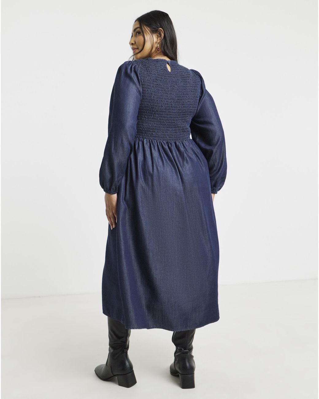 Simply Be Blue Long Sleeve Denim Shirred Midaxi Dress