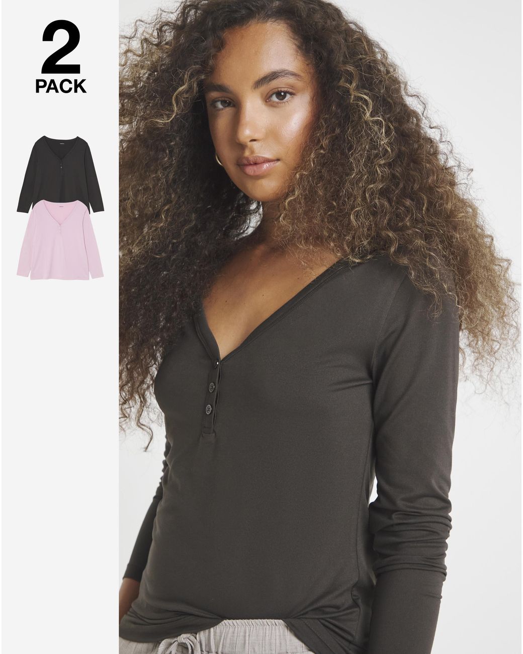 Simply Be Black 2 Pack Soft Touch Henley Tops