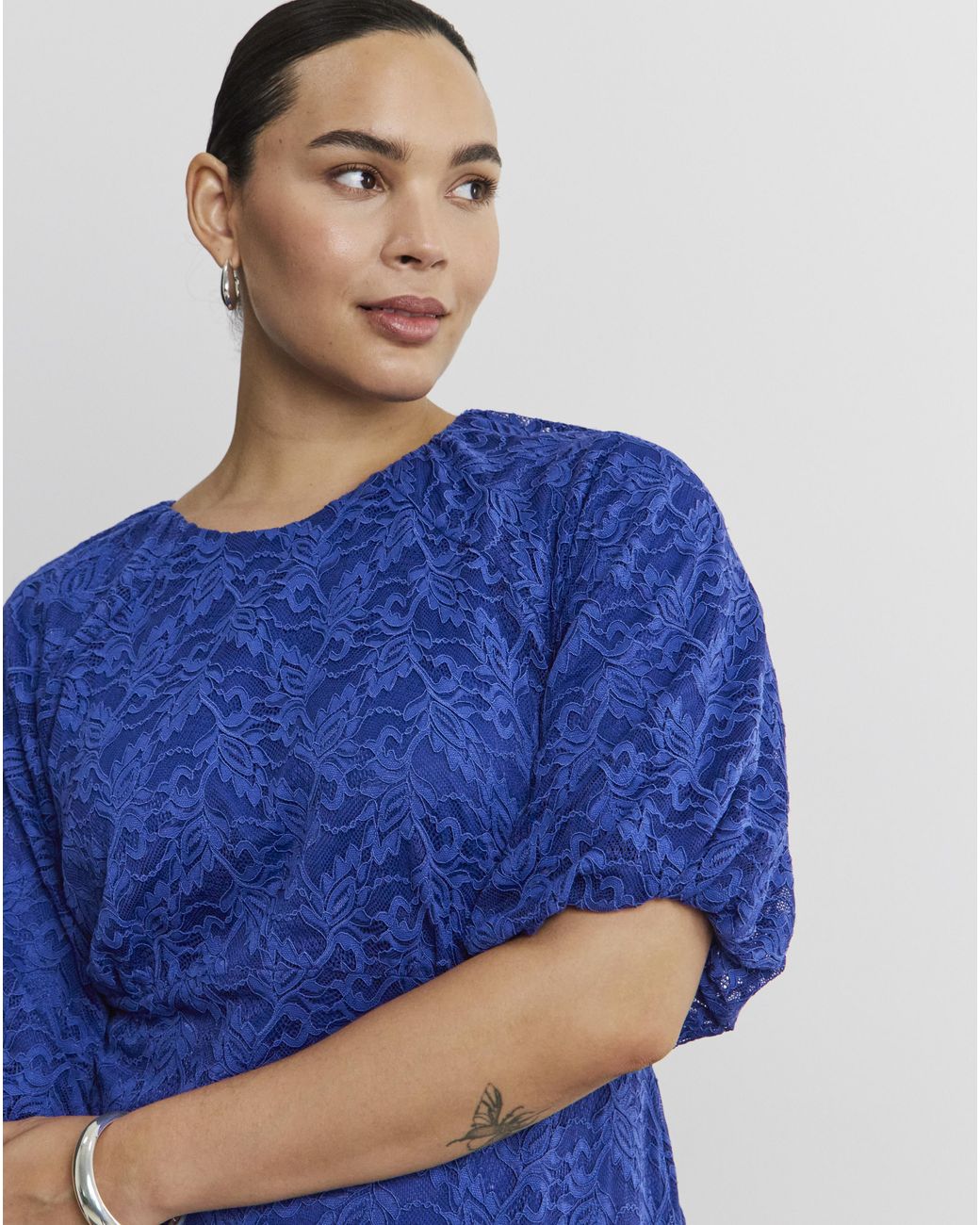 Joanna Hope Blue Lace Dress With Puff Sleeves
