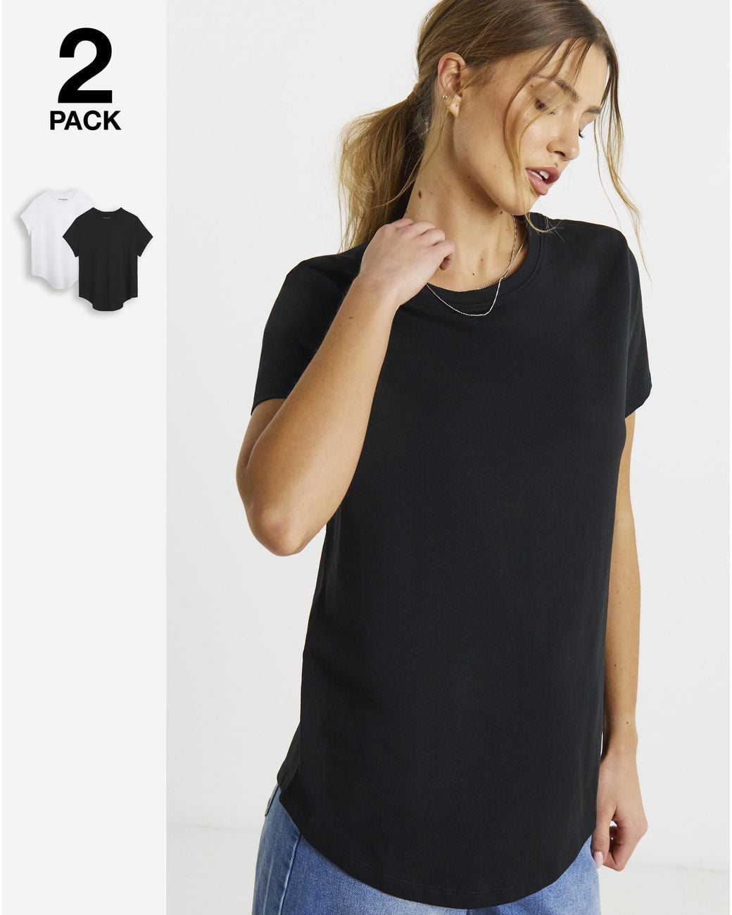 Simply Be Black 2 Pack Curved Hem Longline T-Shirt